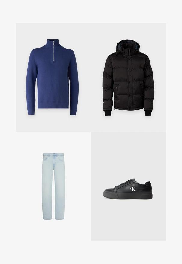 Guess Talvitakki - jet black; Tummansininen neulepusero, jossa on korkea kaulus ja puoli-vetoketju. Puserossa on tekstuurillinen neulekuvio sekä joustavat hihansuut ja helma.; Vaaleansiniset farkut suoralla lahkeella, edessä nappi- ja vetskarikiinnitys, vyölenkit ja etutaskut.; Musta nahkakenkä pyöreällä varvalla, litteällä mustalla pohjalla ja sävy sävyyn nauhoituksella. Sivulla on hopeinen logo, ja materiaalin pinta on sileä.