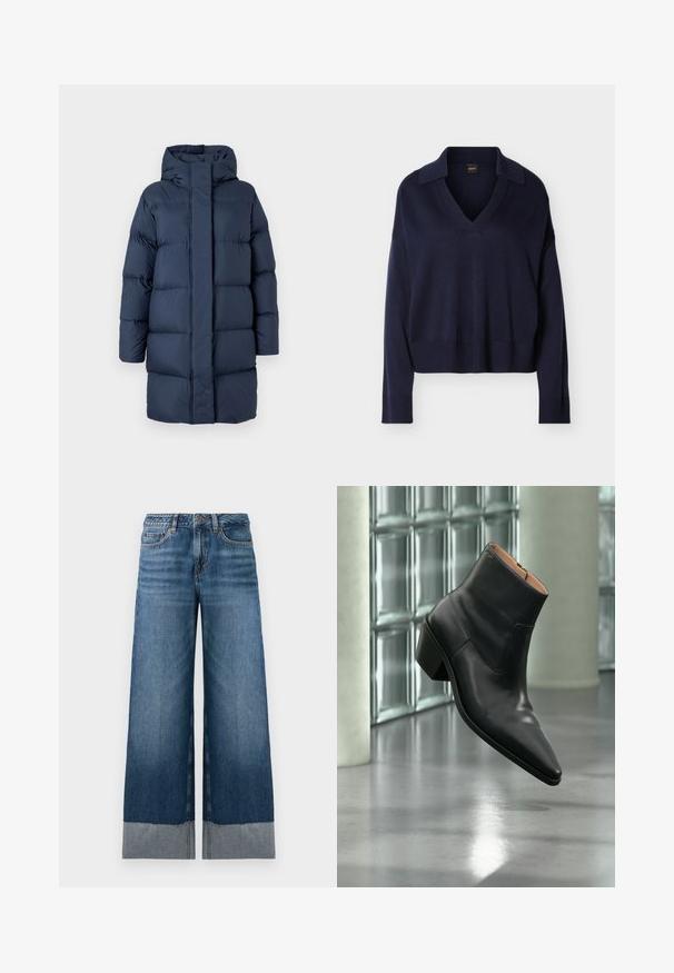 Abrigo largo de invierno acolchado azul marino con capucha y cremallera frontal oculta, mostrado sobre un fondo gris claro liso.; Suéter de manga larga azul marino con cuello en V, collar, puños y dobladillo acanalados, mostrado sobre un fondo blanco liso.; Vaqueros de pierna ancha en azul con un degradado de denim oscuro a claro, presentando un dobladillo sin acabar y sutilezas en los detalles de costura. Diseño clásico de cinco bolsillos.; Botín de piel negra con puntera puntiaguda y tacón cuadrado que levita sobre un suelo gris reflectante cerca de una pared de bloques de cristal.