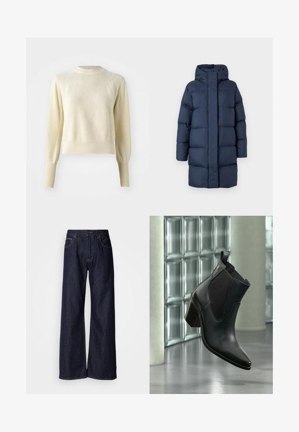 Abrigo largo de invierno acolchado azul marino con capucha y cremallera frontal oculta, mostrado sobre un fondo gris claro liso.; Suéter crema con un patrón de punto texturizado, puños y dobladillo acanalados, y un escote redondo. Presenta mangas estructuradas y ligeramente abullonadas.; Jeans de mezclilla oscura de pierna ancha con una cintura alta, con bolsillos frontales y detalles de costura sutiles. Textura suave con un corte clásico.; Botín negro de cuero con tacón bloque y panel lateral elástico, flotando en interiores frente a una pared de bloques de vidrio y suelo de hormigón.