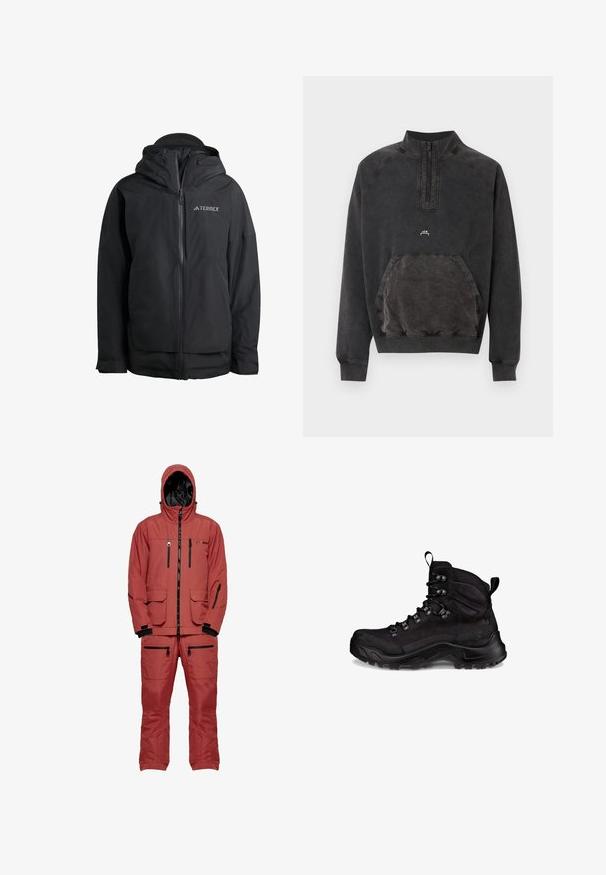adidas Sportswear Regenjacke / wasserabweisende Jacke - black; Schwarzes Sweatshirt mit halbem Reißverschluss, Kängurutasche, gerippten Bündchen und Saum sowie kleinem "A C W" Logo auf der Brust.; Roter wasserdichter Skianzug mit Kapuze, ausgestattet mit schwarzen Reißverschlüssen und Akzenten, mehreren Taschen und einem strukturierten Stoff für Isolierung.; Schwarzer Wanderschuh mit robustem Design, aus Textil- und Gummimaterialien, sechs Ösen und einer strukturierten Sohle für besseren Halt.