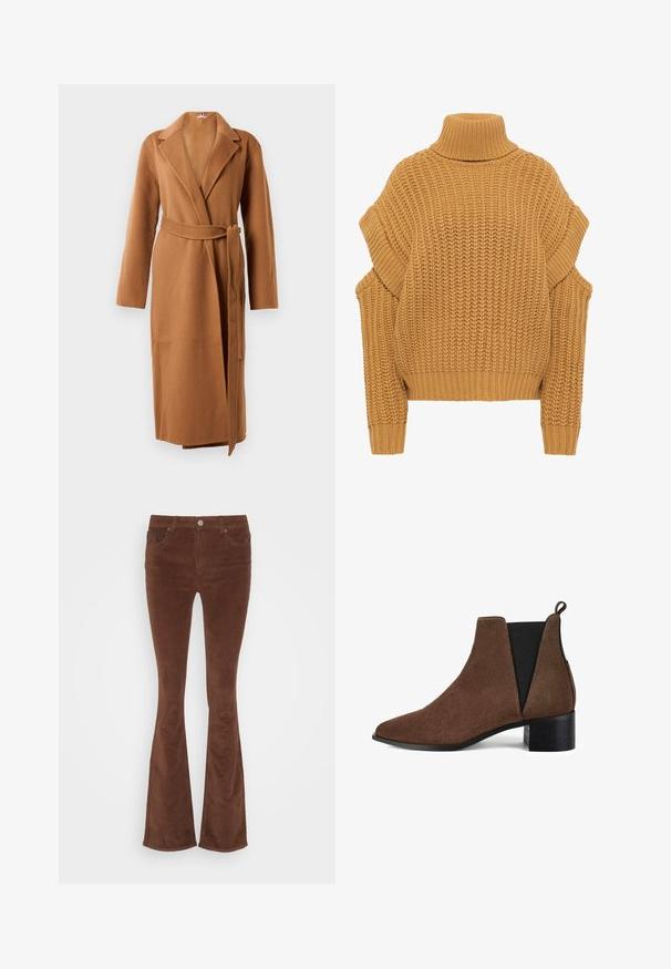 Brun uldfrakke med krave, lange ærmer, bindebånd i taljen og lige skæring, vist mod en neutral baggrund.; Sennepsfarvet strikket sweater med højt rullekrave, oversized pasform, ribbede manchetter og sænkede skuldre, prydet med et tekstureret chunky mønster.; Brune fløjl flared jeans med en glat overflade, fem lommer og en enkelt metalknap i taljen.; Brune ruskind ankelstøvle med spids tå, elastiske sidepaneler og en lav sort blokhæl. Blød tekstur med usynlig syning.
