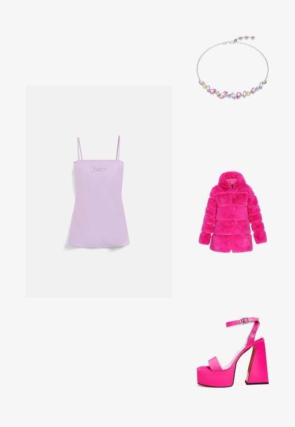 Faux fur pink frakke med hætte, lange ærmer og et puffy, quiltet design med vandrette syninger for tekstur.; Lilla tanktop med tynde stropper, med ordet "Juicy" i metallisk stil på brystet, lavet af blødt, glat stof.; Lyserøde platform sandaler med bred firkantet hæl, ankelrem, glat finish og åben tå design. Spændeaccent ved anklen.; Sølvfarvet halskæde med forskellige ædelsten i pink, grøn, gul og lilla, med marquise- og rundsnit, forbundet af delikate kæder.