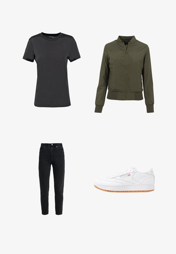 Chaqueta bomber verde oliva con cierre delantero, puños y dobladillo acanalados, material ligero y un diseño sencillo sin patrones adicionales.; Camiseta de manga corta negra, hecha de tela suave. Presenta un cuello redondo sin patrones ni acentos visibles, ofreciendo un diseño sencillo.; Vaqueros de mezclilla negra de cintura alta con botón y cremallera delanteros, dos bolsillos delanteros y pierna estrecha sobre fondo blanco.; Zapatillas blancas de cuero con suela de goma, detalles de costura y caja de dedos perforada. Cuenta con un logo en el costado y en el talón.