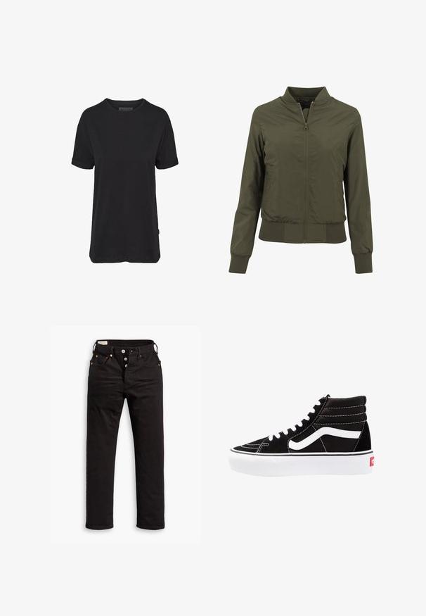 Chaqueta bomber verde oliva con cierre delantero, puños y dobladillo acanalados, material ligero y un diseño sencillo sin patrones adicionales.; Camiseta de algodón negra con mangas cortas, cuello redondo y puños enrollados; presenta una sutil etiqueta de la marca en el dobladillo lateral.; Vaqueros negros de pierna recta con cierre de botón, bolsillos delanteros y traseros, y detalles de remaches de cobre sobre un fondo blanco.; Zapatillas altas negras con cordones blancos, un logo blanco y costuras en blanco que contrastan. Presentan una suela blanca gruesa y una parte superior de ante texturizado.