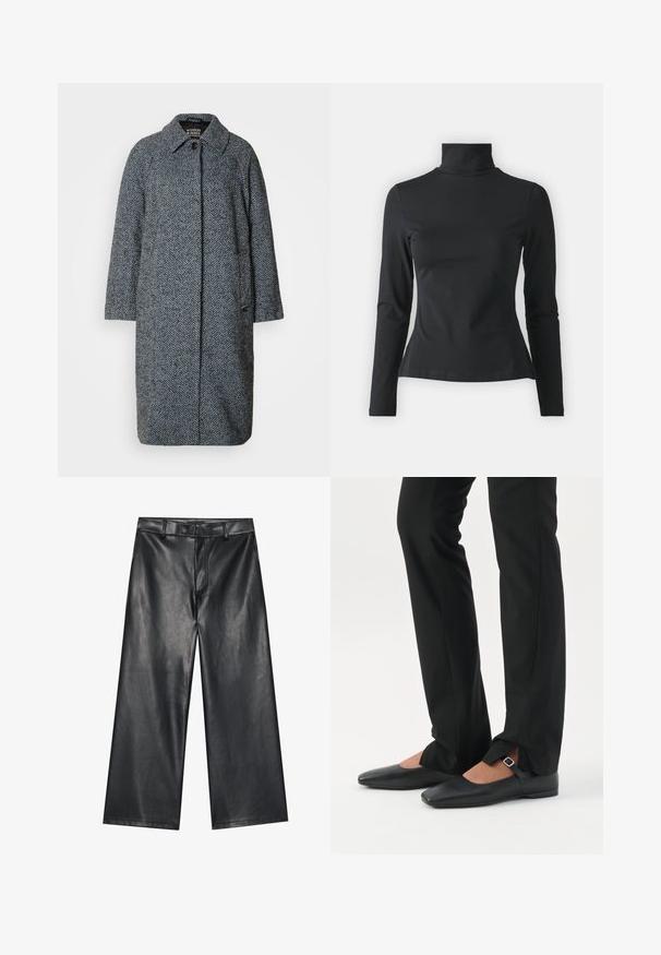 Grau- und Blautöne im Fischgrätenmuster, Coat mit Kragen, langen Ärmeln und geradem, mittellangem Design mit seitlichen Taschen.; Even&Odd Petite Langarmshirt - black; Schwarze Leder-Hose mit weiter Beinform, glatter Textur, Gürtelschlaufen und einem Reißverschluss vorne. Sie zeichnet sich durch eine lockere Passform und saubere Nähte aus.; Beine in schwarzen schmalen Hosen mit vorderen Schlitzen am Saum, kombiniert mit schwarzen flachen Mary-Jane-Schuhen mit kleinem Schnallenriemen.