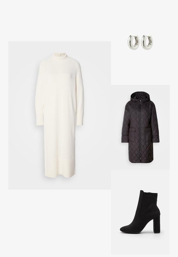 Sort quiltet dunjakke med hætte, med en frontlynlås, to store lommer og en knælang design. Glat materiale med mat finish.; Strikket hvid kjole med høj hals, lange ærmer og ribbede manchetter. Har en lige silhuet og knælang længde med en subtil tekstur.; Sort ankelstøvle lavet af blødt imiteret ruskind, med spids tå og chunky hæl, med et sømløst design og minimal syning.; Sølvøreringe med en glat, afrundet design og en blank finish. Har en enkel hængselåbning for nem påføring.