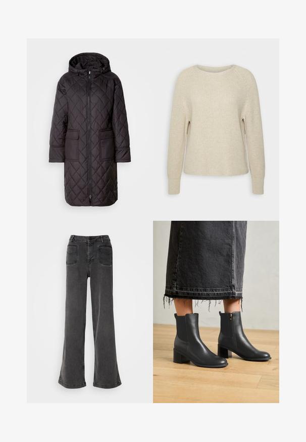 Schwarze gesteppte Puffjacke mit Kapuze, ausgestattet mit einem Frontreißverschluss, zwei großen Taschen und einem knielangen Design. Glattes Material mit matter Oberfläche.; Hellrosa Strickpullover mit rundem Ausschnitt, Raglanärmeln und gerippten Bündchen. Die Textur ist weich, der Schnitt locker und die Details sind minimal.; Hoch geschnittene, weit geschnittene schwarze Jeans aus Denim, ausgestattet mit einem Knopfverschluss, Gürtelschlaufen und zwei hinteren Taschen mit gestickten Akzenten.; Schwarze Leder-Ankle-Boots mit abgerundeter Spitze und Blockabsatz. Mit einem seitlichen Reißverschluss und glatter Textur. Getragen mit einem ausgefransten Denim-Rock.