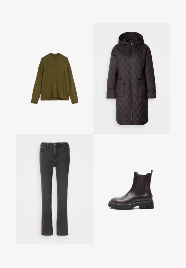 Sort quiltet dunjakke med hætte, med en frontlynlås, to store lommer og en knælang design. Glat materiale med mat finish.; Olivengrøn strikketrøje med ribbet rund hals, drop shoulder-ærmer og en løs pasform. Kantene er lidt længere bagtil.; Sorte denim jeans med lige pasform, der har forlommer, lynlås og subtile stiksyninger. Stoffet har en let tekstur.; Brune læder ankelstøvler med elastiske sidepaneler, kraftig sort gummisål, rund tå, kontrasterende syninger og trækstrop bagpå.
