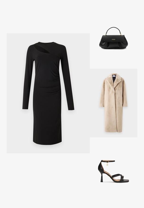 Manteau en fausse fourrure beige au silhouette décontractée, avec de larges revers et des manches longues. La surface a une texture douce et pelucheuse et un design moderne et minimal.; Robe noire à manches longues avec un col rond, présentant un détail d'ouverture sur la poitrine et un tissu froncé sur un côté. Texture lisse.; Sandales à talons hauts en cuir noir avec un orteil carré, plusieurs fines lanières, une lanière de cheville avec un pendentif en ton or, et un talon épais.; Sac à main Guess en cuir noir avec logo doré et une seule poignée supérieure sur fond blanc.