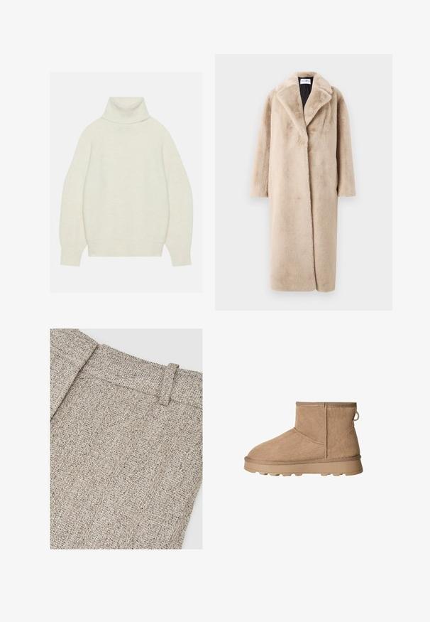 Beige falsk pelsjakke med en afslappet silhuet, brede klapper og lange ærmer. Overfladen har en blød, plysset tekstur og et moderne, minimalistisk design.; Rullekrave sweater i creme, lavet af blødt strikket materiale. Har en afslappet pasform, raglanærmer samt ribbede ærmer og kant.; Stof med fiskbenmønster i nuancer af beige og grå, med en struktureret talje og en detaljeret vævningstekstur.; Tan ruskind ankelstøvle med rund tå, tekstureret overdel og gummisål med trækkraftlæber. Bagtils pull tab for nem påtagning.
