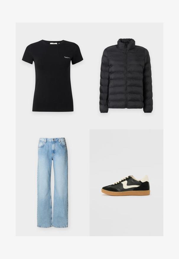 Schwarze Übergangsjacke mit hohem Kragen, horizontal gestepptem Design, durchgehendem Reißverschluss und elastischen Bündchen. Glattes, leichtes Material.; Schwarzes, tailliertes T-Shirt mit kurzen Ärmeln, Rundhalsausschnitt und kleinem weißem "Pepe Jeans"-Logo auf der linken Brust.; Hellblaue, hoch taillierte, weit geschnittene Denim-Jeans mit Knopf- und Reißverschluss vorne, Vorder- und Gesäßtaschen, auf weißem Hintergrund dargestellt.; Schwarze Wildleder- und Leder-Sneaker mit einem cremefarbenen Seiten-Swoosh und einer hellcremefarbenen Ferse. Ausgestattet mit beige Schnürsenkeln und einer Gummilaufsohle.
