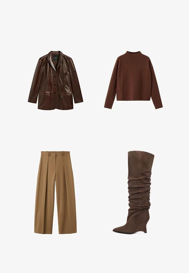 Mørkebrun læderblazer med hakreverskrave, tre knapper foran og tre lommer, vist mod en hvid baggrund.; Kastanjebrun, langærmet sweater med en høj halsudskæring. Fremstillet af et blødt, tekstureret stof. Har en afslappet, kasseformet silhuet og et minimalistisk design.; Brune bukser med høj talje og vide ben med subtile nålestriber, frontlige læg, bæltestropper og en skjult frontlynlås.; Brune høje støvler i blødt stof med afslappet design, spids tå og kilehæl for ekstra højde.