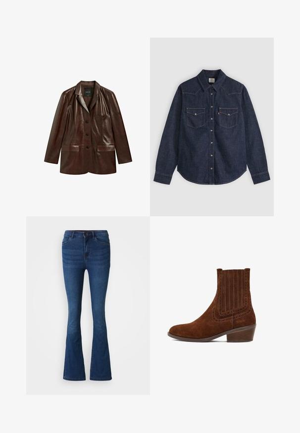 Donkerbruine leren blazer met notch-reverskraag, drie knopen aan de voorkant en drie zakken, weergegeven tegen een witte achtergrond.; Donkerblauw denim overhemd met lange mouwen, spitse kraag, voorsluiting met drukknopen en twee borstzakken met knopen en contrasterende stiksels.; Donkerblauwe spijkerbroek met flared pijpen, met voor- en achterzakken, knoop- en ritssluiting, en vervaagde details op de dijen en knieën.; Bruine suède enkellaars met een taps toelopende vorm, verticale stiksels en geperforeerde details langs de zijkanten. Voorzien van een lage, gestapelde hak.