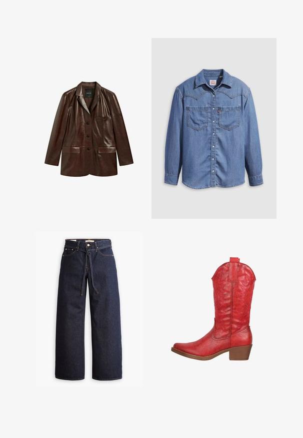 Donkerbruine leren blazer met notch-reverskraag, drie knopen aan de voorkant en drie zakken, weergegeven tegen een witte achtergrond.; Lichtblauw denimshirt met een puntkraag, twee borstzakken en drukknopen. Voorzien van een westernstijl yoke-ontwerp.; Wijd pijpjes donkerblauwe denim jeans met een hoge taille, voorzien van een trekkoord, vijf zakken en contrasterende stiksels.; Elara Cowboy-/Bikerlaarzen - rot