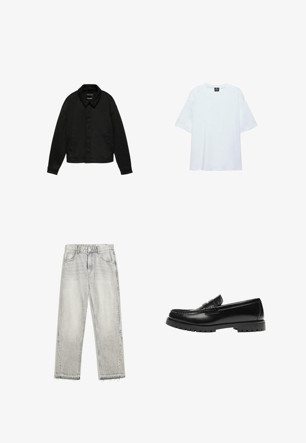 Sort jakke med lange ærmer, krave og to sidelommer, skjult knaplukning foran og kant forneden i taljen, vist på en hvid baggrund.; Hvid, oversized T-shirt med korte ærmer og rund halsudskæring, med en sort etiket inde i kraven på en hvid baggrund.; Lys grå denimjeans med en let falmet finish, lige pasform, fem-lomme design og flosset søm. Flad taljebånd med bælteløkker.; Sort læderloafer med en kraftig gummisål og klassiske penny-strap detaljer, vist fra ydersiden.