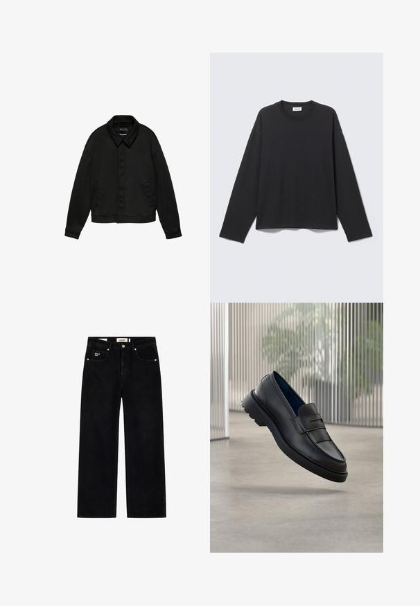 Veste noire à manches longues avec col et deux poches latérales, fermeture à boutons cachés sur le devant et ourlet à la taille, présentée sur fond blanc.; Chemise noire à manches longues avec col rond, coupe simple et ample, présentée à plat sur un fond gris clair.; Jean noir droit avec un design classique à cinq poches et une fermeture par boutons, avec une étiquette « project blue » sur la petite poche avant et la ceinture.; Mocassins noirs en cuir à finition lisse, avec une bride décorative et un panneau texturé à l'avant, ainsi qu'une semelle en caoutchouc texturée.
