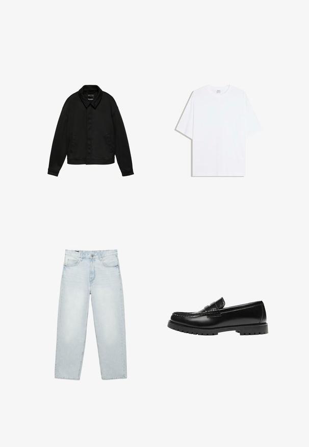 Veste noire à manches longues avec col et deux poches latérales, fermeture à boutons cachés sur le devant et ourlet à la taille, présentée sur fond blanc.; T-shirt oversize en coton blanc avec un col rond et des manches courtes ; texture lisse, sans motifs ni accents visibles.; Jean bleu clair taille haute à jambes droites avec bouton et fermeture éclair à l'avant, passants pour ceinture, et design à cinq poches sur fond blanc.; Mocassin en cuir noir avec une semelle en caoutchouc épaisse et un détail classique de bride à monnaie, vu de côté extérieur.