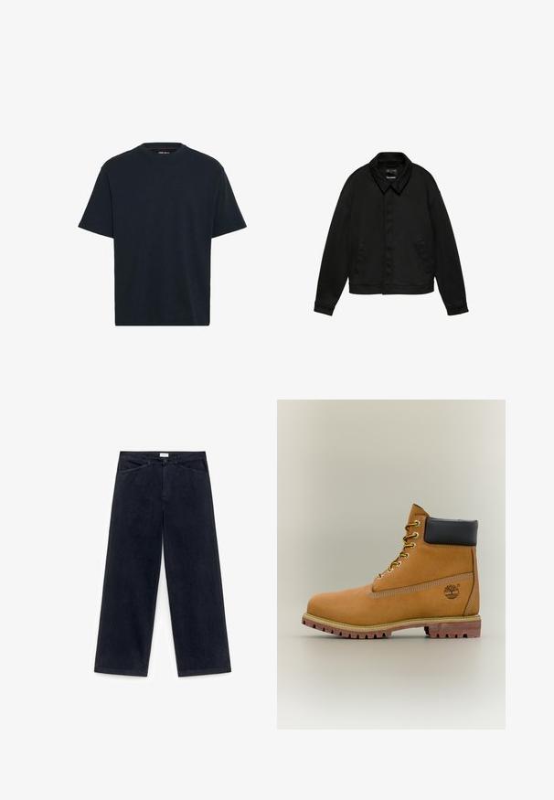 Sort jakke med lange ærmer, krave og to sidelommer, skjult knaplukning foran og kant forneden i taljen, vist på en hvid baggrund.; Marineblå bomulds T-shirt med rund hals, korte ærmer og en afslappet pasform. Glat tekstur uden synlige mønstre eller accenter.; Bukser med vide ben i mørkeblå denim. Har en standard talje, frontlynlås og lommer med en glat, mat finish.; Brun læderankelstøvle med sort krave, gule snørebånd og tanfarvet sål. Har logo og hvide syninger som detalje. Robust ydersål med greb.