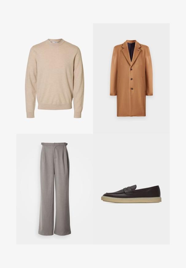 Eénknops camelgekleurde wollen jas met drie knopen, notch lapel-kraag en zijzakken, weergegeven tegen een witte achtergrond.; Beige trui met lange mouwen en ronde hals van zachte gebreide stof, met geribbelde boorden en zoom, ontworpen voor heren.; Lichtgrijze wijde broek van geweven stof. Beschikt over plooien bij de taille en riemlussen. Soepele textuur en een volledige lengte ontwerp.; Donkerbruine leren loafer met beige rubberen zool en instapmodel, zijaanzicht op witte achtergrond.
