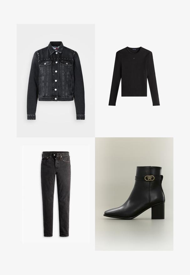 Schwarze Jeansjacke mit silbernen Knöpfen, vorderen Klappentaschen und kleinen Metallnieten entlang der Brust, Schultern und Ärmelkanten.; Langärmliges schwarzes Rippoberteil mit Rundhalsausschnitt und kleinem Logo auf der Brust. Hergestellt aus weichem Material mit taillierter Passform.; Schwarze Jeans aus Denim mit geradem Bein, fünf Taschen, kupferfarbenen Beschlägen und einer leicht ausgebleichten Textur.; Schwarzer Leder-Stiefelette mit Blockabsatz und dekorativer goldener Schnalle an der Seite vor hellem Hintergrund.
