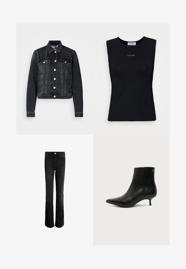 Sort denimjakke med sølvknapper, forsyninger lommer og små metalnitter langs brystet, skuldrene og manchetternes kanter.; Sort ærmeløs top lavet af glat stof. Har en rund halsudskæring og et lille Calvin Klein-logo i midten. Simpelt og tætsiddende design.; Sorte flared jeans lavet af denim, med høj talje, fem lommer og sølvfarvet knaplukning. Glat tekstur med subtilt falm.; Sort læder ankelstøvle med spids tå og lav kitten hæl på lys baggrund, der viser yderside.