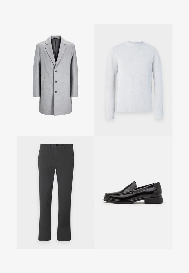 Manteau en laine gris clair avec un col cranté, trois boutons noirs et deux poches latérales. Présente une silhouette épurée et ajustée.; Pull en maille gris clair à manches longues avec col rond et poignets et bas en bord-côte, présenté sur fond blanc.; Pantalon noir en tissu lisse, avec une coupe droite, fermeture éclair, bouton et passants de ceinture. Style basique et fonctionnel.; Mocassins en cuir noir avec un embout arrondi, présentant un détail cousu sur le dessus, et un petit talon carré. Texture lisse et finition brillante.