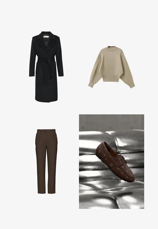 Zwarte wollen jas met een ceintuur in de taille, notch-kraag en lange mouwen. Glad textuur en recht gesneden ontwerp. Minimalistische stijl.; Lichtbeige, korte trui met een hoge geribbelde halslijn en verlaagde schouders. Gebreide stof met een gladde textuur en brede mouwen.; Bruine op maat gemaakte broek van een textuurstof. Voorzien van een voorplooi, knoopsluiting en een rechte snit, ontworpen voor een slanke pasvorm.; Bruine mocassinschoen met metalen veteroogjes op een zilverkleurig getuft lederen oppervlak, zwevend in de lucht alsof hij beweegt.