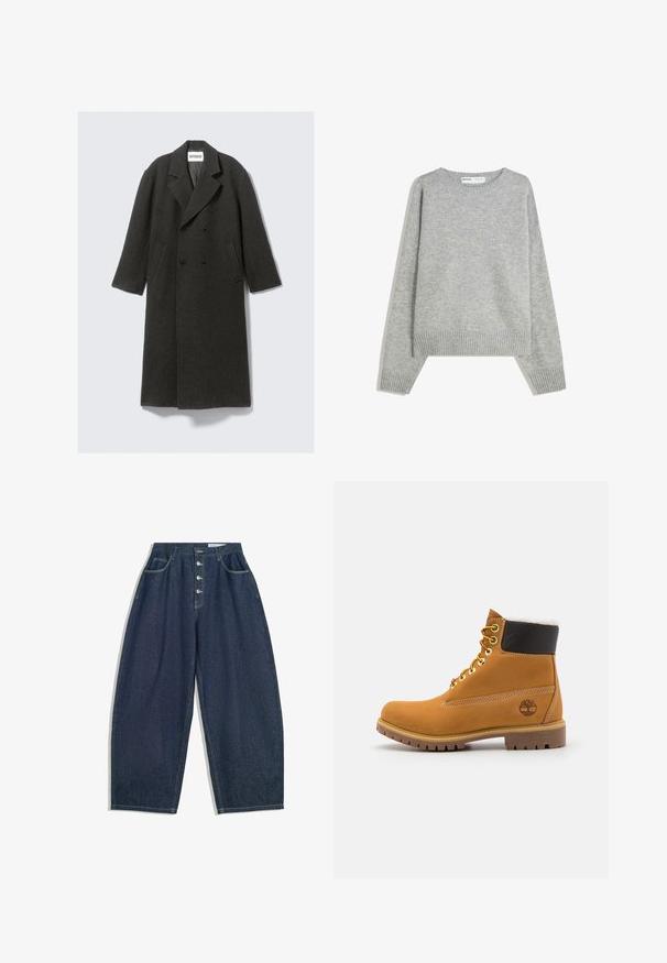 Mørkegrå uldoverfrakke med dobbeltradet design, klassisk revers og sidelommer. Har en struktureret overflade og knælang længde.; Grå strikket sweater med rund halsudskæring, ribbede manchetter og kant, med en afslappet pasform og blød tekstur.; Mørkeblå denim bukser med brede ben og høj talje, fem knaplukninger og fem lommer. Har stikninger som accent på sømmene.; Brune læder ankelstøvle med metaløjer, hvid pelsforing, sort polstret krave, robust sål og præget logo på siden.
