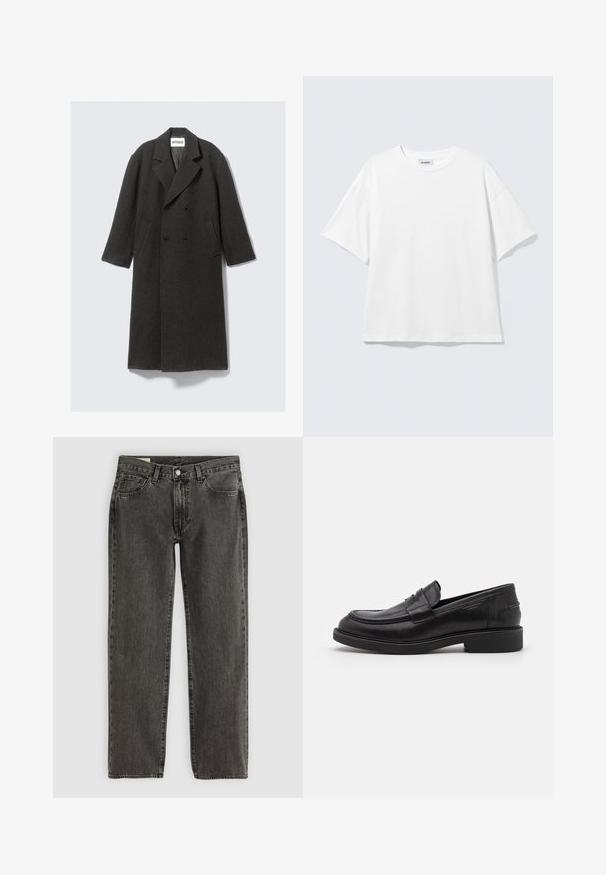 Manteau en laine gris foncé avec un design à double boutonnage, des revers crantés et des poches latérales. Il présente une surface texturée et une coupe jusqu'aux genoux.; T-shirt blanc oversize à manches courtes, col rond, épaules tombantes, posé à plat sur fond gris clair.; Jean droit noir délavé avec cinq poches, fermeture à bouton et passants de ceinture, posé à plat sur un fond blanc.; Mocassins en cuir noir avec un bout arrondi, des coutures ton sur ton et un détail de sangle à l'avant. Semelle en caoutchouc avec un petit talon.