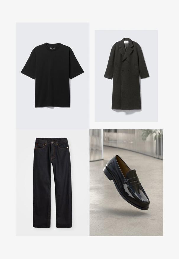Manteau en laine gris foncé avec un design à double boutonnage, des revers crantés et des poches latérales. Il présente une surface texturée et une coupe jusqu'aux genoux.; T-shirt noir à manches courtes, coupe décontractée avec col rond, présenté à plat sur fond gris clair.; Jean en denim noir pour hommes, coupe droite, avec cinq poches et surpiqûres orange, fermeture par bouton et zip à la taille avant.; Mocassin en cuir verni noir avec un accent cousu, bout rond, petit talon et surface lisse, présenté sur un fond neutre.