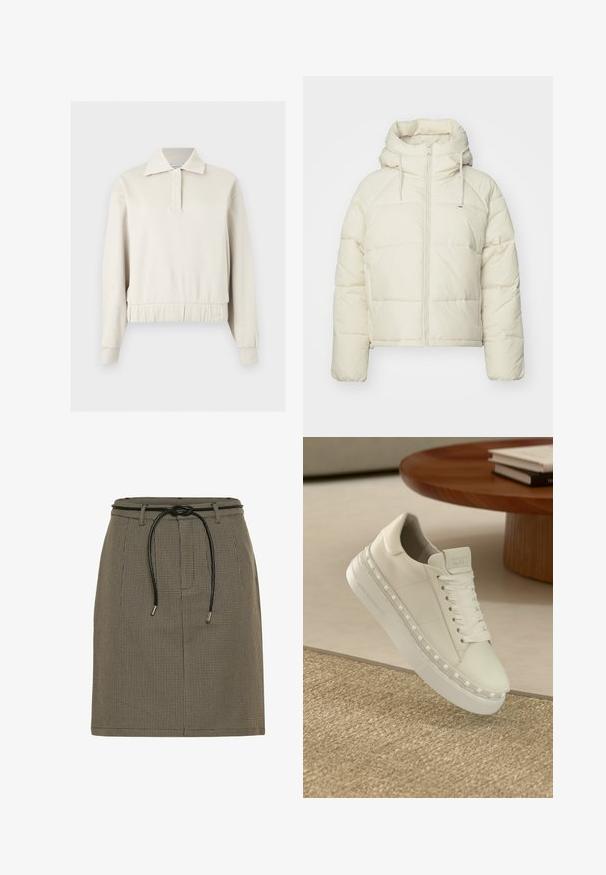 Veste duvetée de couleur crème avec capuche. Elle dispose d'une fermeture éclair à l'avant, d'un cordon de serrage et d'un motif matelassé. Texture douce et lisse.; Pull beige à manches longues avec col, patte de boutonnage à l'avant, poignets côtelés et ceinture élastique sur un fond uni.; Jupe à carreaux marron avec une taille à cordon, présentant une texture lisse et une silhouette droite. Deux poches latérales sont visibles.; Baskets en cuir blanc avec des lacets plats blancs, une semelle épaisse et des clous en forme de pyramide le long du côté. Texture lisse, design minimaliste.