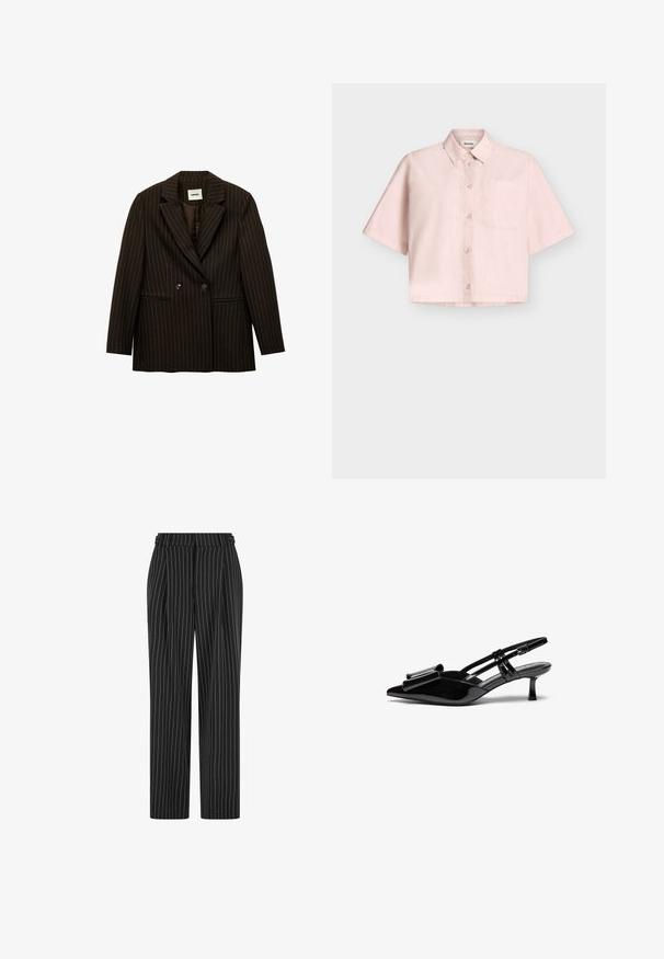 Brauner Nadelstreifen-Blazer mit doppelter Knopfleiste, Reverskragen und zwei Fronttaschen. Glatte Textur und taillierte Passform.; Hellrosa kurzärmliges Hemd mit Knopfleiste, spitzem Kragen und einer Brusttasche, präsentiert vor hellem, grauem Hintergrund.; Schwarze Nadelstreifenhose mit hoher Taille, gefaltetem Vorderteil und geradem Bein. Der Stoff wirkt strukturiert und ist maßgeschneidert für einen formellen Look.; Schwarze Lackleder-Slingbacks mit spitzer Zehenpartie, einer Schleifendetail an der Vorderseite und einem kleinen Stiletto-Absatz. Die Riemen haben verstellbare Schnallen.