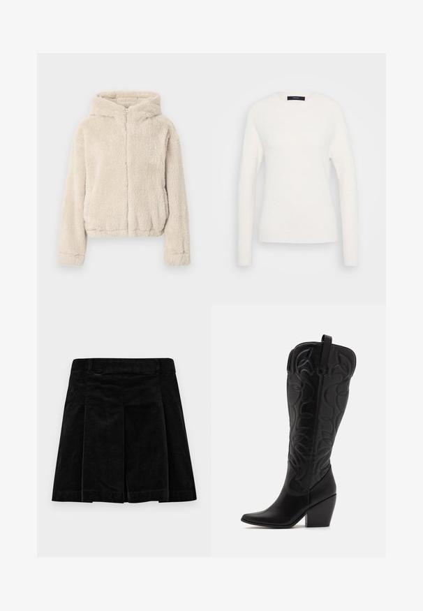 Beige hættetrøjejakke lavet af blødt materiale. Har en fuld lynlås foran, lange ærmer og en let kortet kant.; Langærmet hvid crewneck sweater med ribbede manchetter og nederkant, præsenteret på en ensfarvet lys grå baggrund.; Sort fløjlskørt med plisseret design, der har en lige snit, tekstureret overflade og en talje for en sikker pasform.; Sorte knæhøje støvler i læder med spids snude og lagdelt hæl. Har dekorative syninger og buede designelementer.