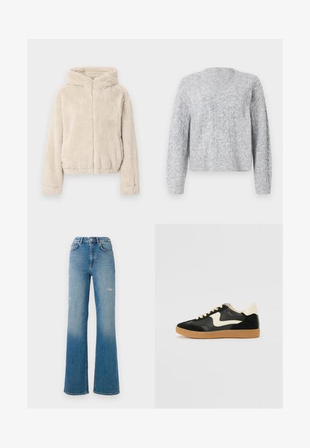 Chaqueta beige con capucha hecha de material esponjoso. Cuenta con una cremallera frontal completa, mangas largas y un dobladillo ligeramente corto.; Suéter gris de punto con escote en V, que presenta un patrón texturizado y puños acanalados. Mangas largas y sueltas y longitud corta. Material suave.; Jeans de mezclilla azul de talle alto con leve desgastes en los muslos, estilo de cinco bolsillos y diseño de pierna acampanada.; Zapatillas de deporte de ante y cuero negro con un swoosh lateral en crema y un talón en crema claro. Presenta cordones beige y una suela de goma marrón.