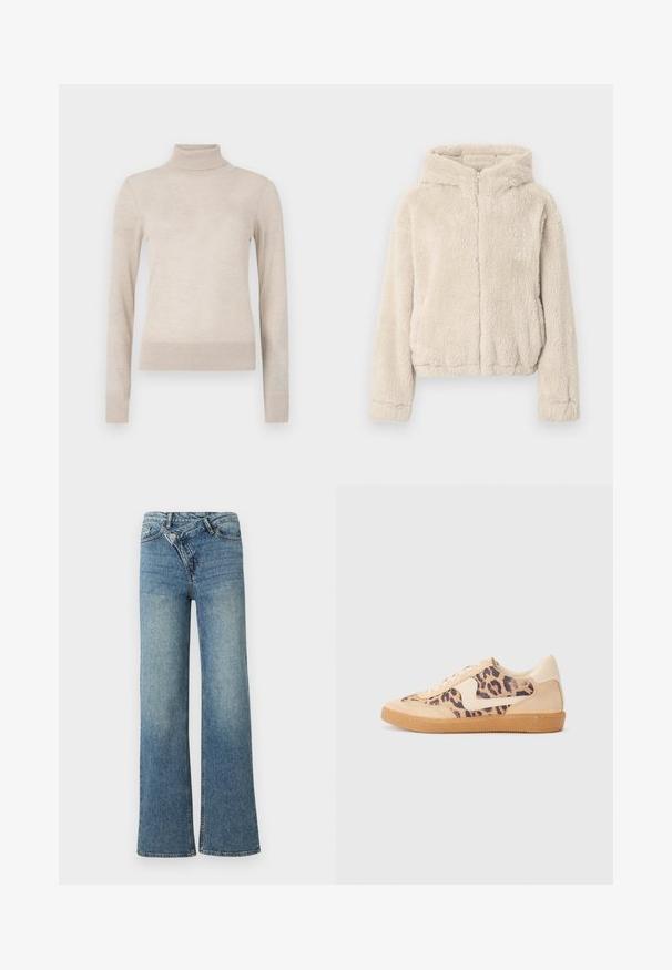 Beige hættetrøjejakke lavet af blødt materiale. Har en fuld lynlås foran, lange ærmer og en let kortet kant.; Beige turtleneck sweater lavet af blødt strikstof. Har lange ærmer og ribbede manchetter og kant for en tætsiddende pasform. Et essentielt garderobeelement.; Lyseblå denim jeans med vide ben og høj talje, let falmet effekt og knaplukning foran. Har fem lommer og minimal syning.; Leopardprint sneakers med beige ruskindsoverdel, tan gummisål og hvide detaljer. Rund pegefinger og snørebåndsdesign med en tekstureret finish.