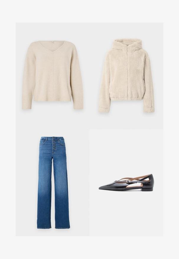 Beige hupparitakki pörröisestä materiaalista. Siinä on täyspitkä etuvetoketju, pitkät hihat ja hieman lyhyt helma.; Beige neulepaita, jossa on V-pääntie, ribbireunat ja helma. Ominaisuuksiin kuuluu keskeinen sauma- ja löysä istuvuus. Pehmeä, texturoitu materiaali.; Rento siniset farkut leveillä lahkeilla, joissa on korkea vyötärö ja viiden napin sulku. Ominaisuuksiin kuuluu klassinen ompelu ja siisti helma.; Mustat nahkaiset tasapohjaiset kengät, joissa on terävä kärkiosa, avoimet sivut ja pieni nilkkahihna, jossa hopeinen solki.