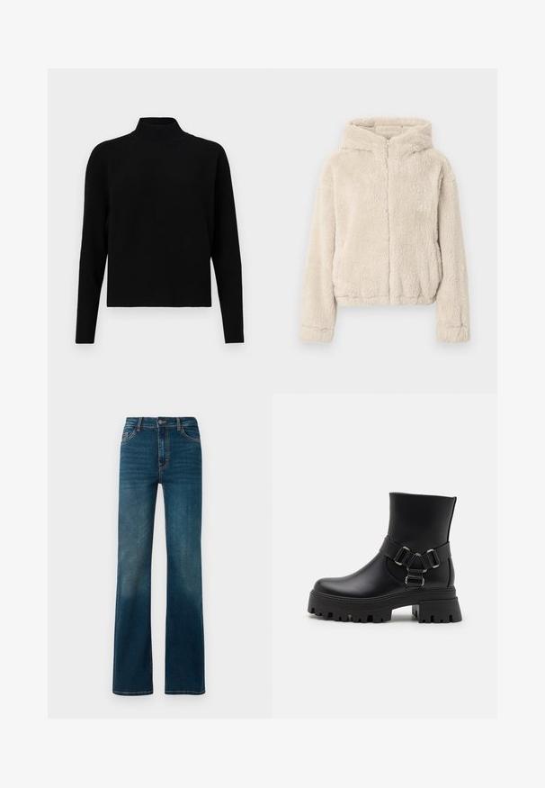 Beige hættetrøjejakke lavet af blødt materiale. Har en fuld lynlås foran, lange ærmer og en let kortet kant.; JDY Knitted JDYPRIME Knitted - Striktrøje - black; Mørkeblå, højtaljede jeans med lige ben. Lavet af denim, med kontrastsyninger og et klassisk fem-lomme design.; Sort ankelstøvle i glat syntetisk materiale med en kraftig sål. Har dekorative stropper med metal detaljer og en rund tå.