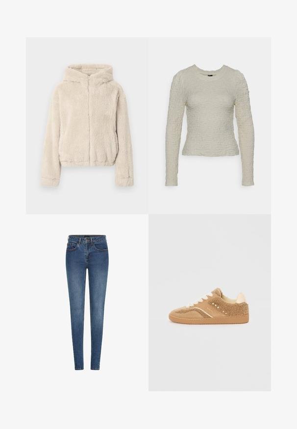 Beige hupparitakki pörröisestä materiaalista. Siinä on täyspitkä etuvetoketju, pitkät hihat ja hieman lyhyt helma.; Pieces MOCK NECK BC - Pusero - cloud dancer; Kapeankin farkut tummansinisestä denimistä, joissa on keskipitkä vyötärö, viisi taskua ja erottuva ommel. Sileä tekstuuri, jossa on hieman venyvyyttä.; Beige nubuck-tossup kenkät, joissa on pörröinen pinta ja kermaiset yksityiskohdat. Varustettu litteillä nauhoilla ja pienillä rei'illä hengittävyyden parantamiseksi. Kumipohja.