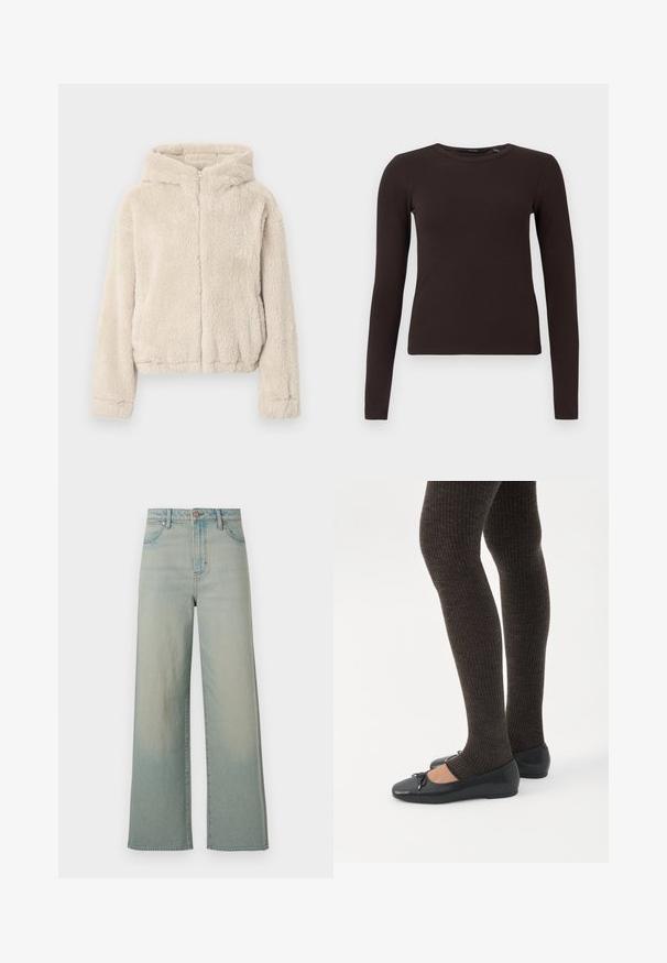 Beige capuchonjas van zacht, pluizig materiaal. Voorzien van een volledige ritssluiting aan de voorkant, lange mouwen en een iets kortere zoom.; Donkerbruin geribbeld langharig crew neck shirt met een getailleerd silhouet, weergegeven op een effen witte achtergrond.; Wrangler LOOSE STRAIGHT - Wijde jeans - silver lake; Benen met donkere geribbelde leggings gecombineerd met zwarte ballerina's met kleine strikdetails op een witte achtergrond.