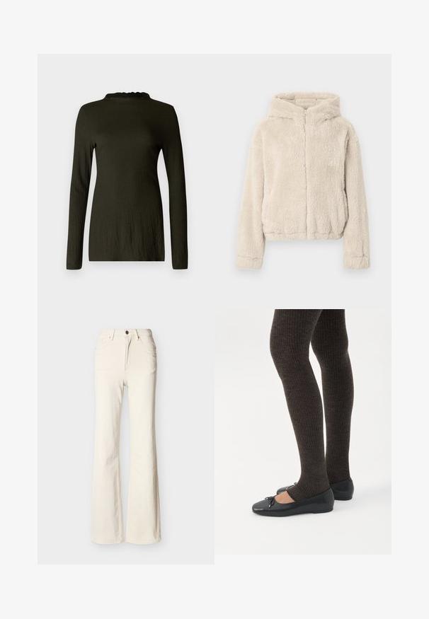 Béžová kapucňová bunda vyrobená z chlpatého materiálu. Má celopredný zips, dlhé rukávy a mierne skrátený lem.; Dlhý rukáv top v tmavozelenej farbe s textúrovanou látkou, s volánovým výstrihom a voľným strihom. Viditeľné žiadne vzory ani doplnky.; Svetlo béžové džínsy s vysokým pásom, predným gombíkom, zipsom, prednými a zadnými vreckami a mierne rozšíreným strihom nohavíc.; Nohy v tmavých pásikavých legínach v kombinácii s čiernymi balerínkami s malými mašličkami na bielom pozadí.