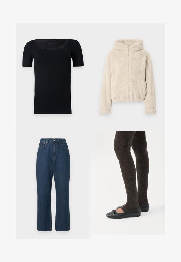 Veste à capuche beige en matériau duveteux. Dotée d'une fermeture éclair intégrale à l'avant, de manches longues et d'un ourlet légèrement raccourci.; T-shirt noir à manches courtes en coton doux. Présente un col large et une coupe ajustée avec une texture lisse et sans motifs visibles.; Jeans en denim bleu avec une taille haute, un design à jambes larges, des coutures visibles et une fermeture à un seul bouton à l'avant. Tissu texturé avec une finition lisse.; Jambes portant des leggings côtelés foncés associés à des ballerines noires avec de petits détails en nœud sur fond blanc.