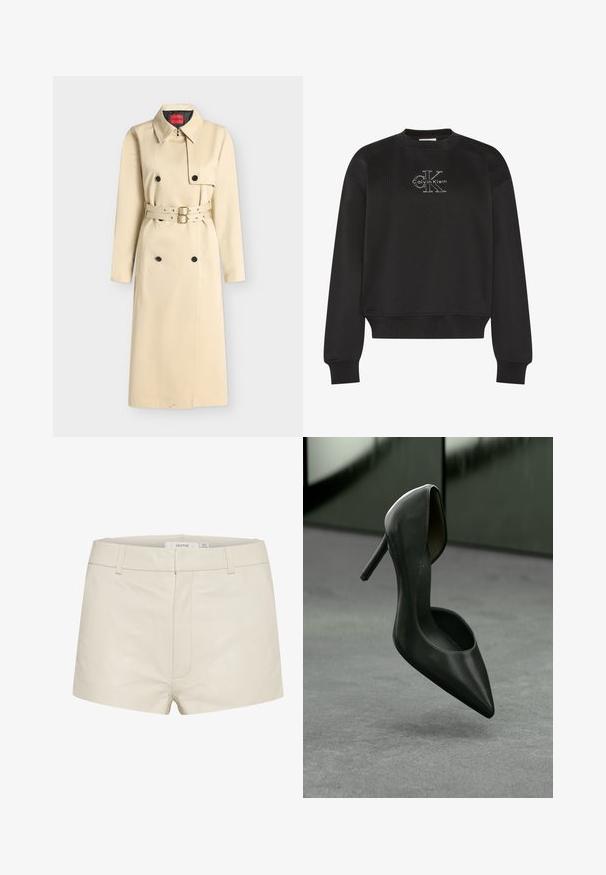 Beige lange trenchcoat met dubbele rij zwarte knopen, puntige kraag en dubbele gespceintuur in de taille.; Zwarte sweater met lange mouwen en ronde hals, met wit Calvin Klein "CK"-logo centraal op de borst, geribbelde manchetten en zoom.; Beige leren shorts met een gladde textuur, voorzien van een aansluitende taille, riemlussen en subtiele stiksels aan de voorkant. Eenvoudig, hedendaags ontwerp.; Zwarte leren hoge hak schoen met een spitse neus en een gebogen kraag, met een slanke stiletto hak en een gladde, glanzende textuur.