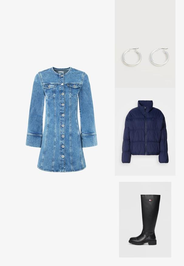 Marineblaue Steppjacke mit hohem Kragen, Reißverschluss, gesteppter Optik und elastischen Bündchen. Verfügt über ein kleines Logo auf der linken Brust.; Jeanskleid mit einem hellblauen Waschung, Knopfverschluss vorne, zwei Brusttaschen und langen Ärmeln. Verfügt über strukturierte Nähte und einen ausgestellten Rock.; Schwarze knielange Stiefel aus glattem Leder mit einer strukturierten Gummisohle, versehen mit einem kleinen Logoschild in Rot, Weiß und Blau.; Paar mittelgroße glänzende silberne Hoop-Ohrringe mit dünnen Metallverschlüssen auf hellem neutralem Hintergrund.