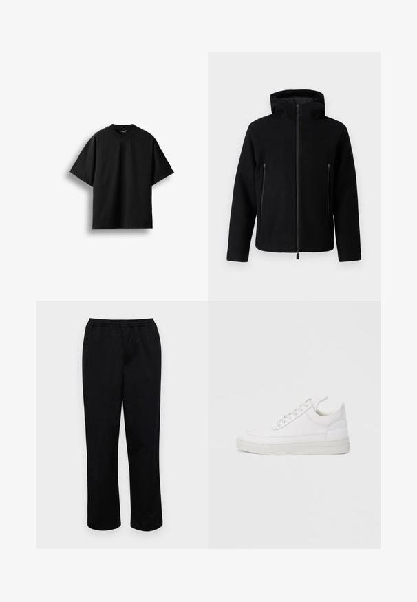 Veste à capuche noire en polar, dotée d'une fermeture éclair et de deux poches zippées à l'avant. Texture lisse avec un design moderne.; T-shirt noir à manches courtes et col rond, présenté à plat sur un fond blanc avec une petite étiquette visible au niveau du col.; Pantalons noirs mi-longs avec une taille élastique. Fabriqués en tissu lisse, présentant une coupe décontractée et sans poches ni embellissements visibles.; Baskets en cuir blanc avec un embout arrondi, une semelle plate et un laçage à l'avant. Présentent des détails de couture et un col rembourré pour plus de confort.