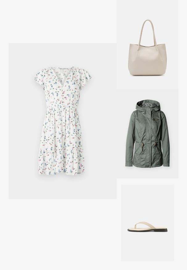 Chaqueta verde con capucha, cremallera frontal, dos bolsillos delanteros con solapas, un bolsillo en el pecho con cremallera y ajustes con cordón en la cintura.; Vestido floral con una tela blanca y coloridos estampados florales, mangas cortas acampanadas, escote en V y cintura fruncida.; Sandalia plana beige tipo tanga con plantilla acolchada y suela negra, mostrada de lado sobre fondo blanco.; Bolso tote de cuero beige con dos asas para el hombro, textura suave y diseño de apertura superior. Presenta un estilo minimalista sin herrajes visibles.