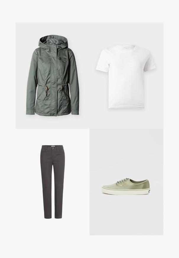 Grøn hættejakke med lynlås foran, to forlommer med klapper, en brystlomme med lynlås og justeringer med snøre i taljen.; Enkelt hvid T-shirt med korte ærmer og rund hals, vist mod en lys grå baggrund.; Mørkegrå denim bukser med lige ben, frontlommer og knaplukning. Materialet har en glat overflade og minimale metal detaljer.; Lav profil olivengrøn Vans sneaker med hvid sål, metaløjer og Vans logo mærkat på siden, vist i venstre profil på hvid baggrund.
