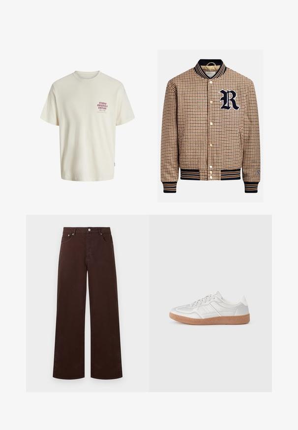 Brun houndstooth-mønsteret bomberjakke med en marineblå ribbet krave og manchetter, der har et hvidt broderet 'R' og gyldne trykknapper.; Hvid kortermet T-shirt med rød tekst "Studio Originals Edition" på venstre bryst, vist på en neutral grå baggrund.; Mørkebrune bukser med lige ben, forlommer, bæltestropper og lukning med metal knap på en ensfarvet baggrund.; Sølv sneakers med en glat overflade, snørebånd, perforerede detaljer og en struktureret brun gummi sål.