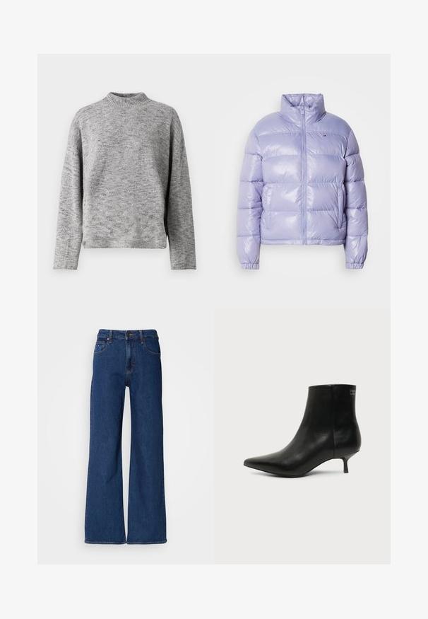 Veste matelassée violette clair avec un col montant, fermeture éclair sur le devant et poignets élastiques. Matériau lisse et brillant avec des panneaux cousus.; Pull en maille gris clair avec un col montant, des manches longues et une coupe décontractée. Tissu texturé avec un motif légèrement moucheté.; Jean large en denim bleu foncé avec une taille haute, cinq poches et des coutures orange. Comprend une fermeture éclair et des passants de ceinture.; Bottine en cuir noir avec bout pointu et petit talon kitten sur fond clair, vue côté extérieur.