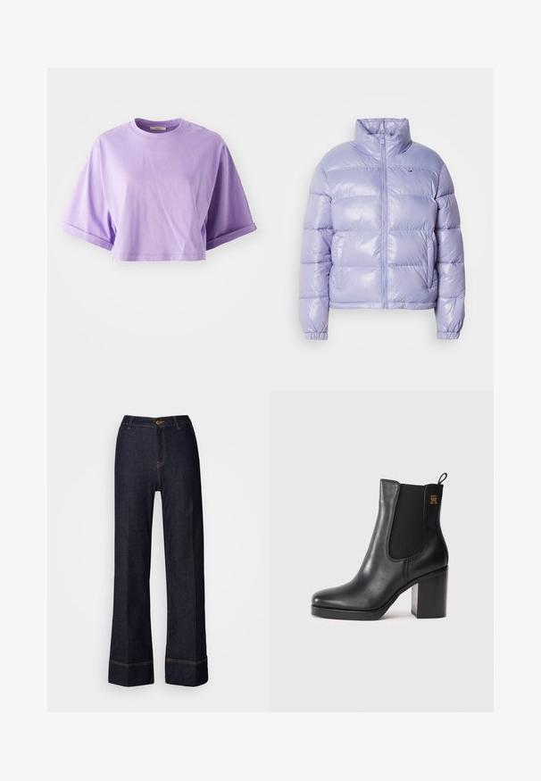Helle lila Puffjacke mit hohem Kragen, Frontreißverschluss und elastischen Bündchen. Glattes, glänzendes Material mit genähten Paneelen.; Kurzärmliges, gekürztes T-Shirt aus leichtem lila Baumwollstoff. Mit Rundhalsausschnitt und umgeschlagenen Ärmeln, glatte Textur mit minimaler Details.; Dunkelblaue weit geschnittene Jeans mit hoher Taille, die einen vorderen Knopfverschluss und orangefarbene Nähte aufweisen. Gesamte glatte Textur.; Schwarze Leder-Ankle Boots mit Blockabsatz, elastischem Seitenpanel, Zuglasche und kleinem goldenen Logo an der Oberseite.
