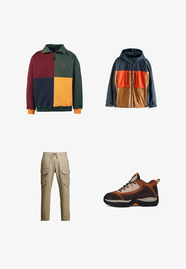 Farbenblockierte Jacke mit einem navyblauen oberen Abschnitt und orangefarbenen sowie braunen unteren Abschnitten. Sie verfügt über eine Kapuze, einen vorderen Reißverschluss und zwei aufgesetzte Brusttaschen mit Reißverschluss.; Blockfarbener Sweatshirt mit Abschnitten in Grün, Burgunderrot, Marineblau und Senfgelb. Reißverschlusskragen-Design mit einem Elefantenlogo auf der Brust. Weicher Stoff.; Beige Cargo-Hosen mit einem Gummizugbund, mehreren Seitentaschen und Reißverschlussdetails. Hergestellt aus robustem Stoff und im geraden Beinschnitt.; Braunes und beiges Wanderschuh mit schwarzer Sohle, Metallösen, Zugschlaufe an der Ferse und "DC SHOE CO USA"-Branding an der Seite.